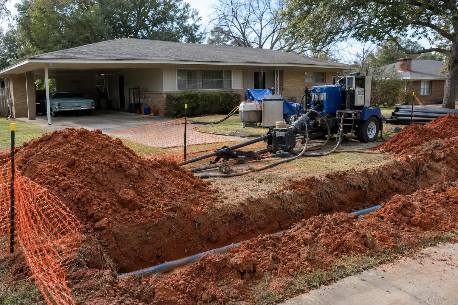 A blue hydraulic pipe bursting machine at the end of a long trench of red clay in front of a ranch house with a carport