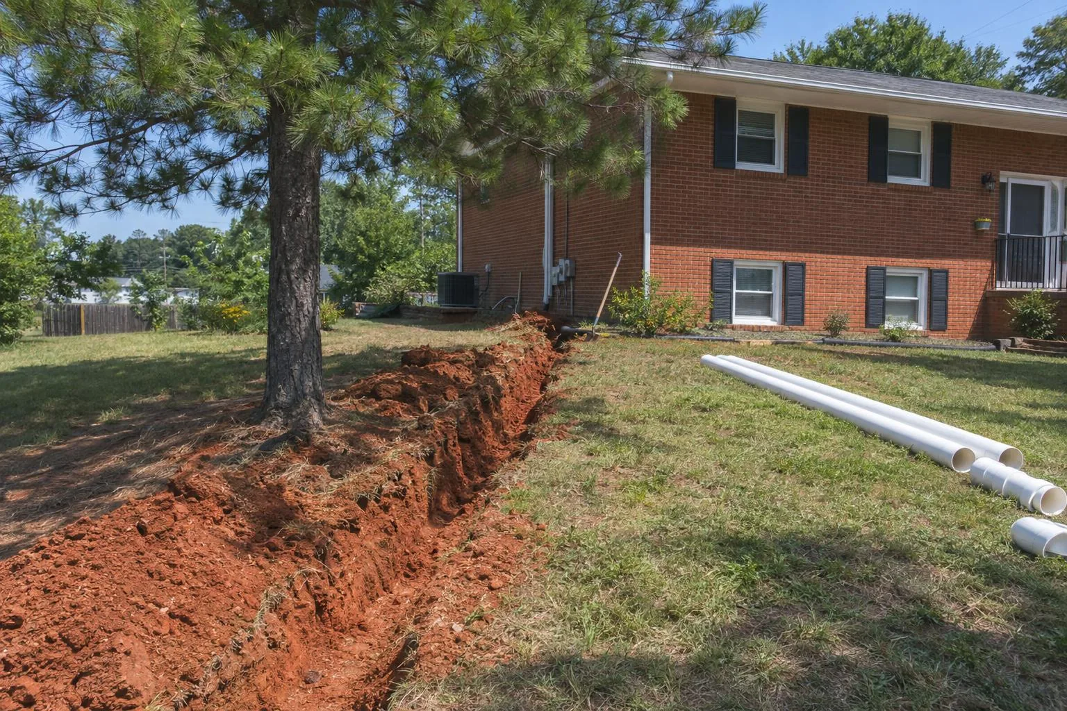 A long open trench of red clay running across a yard toward a brick house, with lengths of white PVC pipe lying on the grass